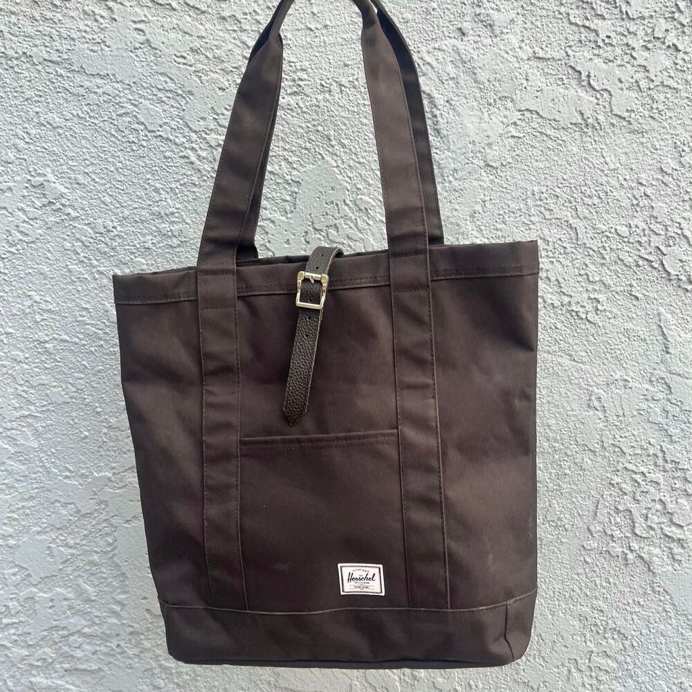 Herschel Black Tote Bag Leather detail Market bag
